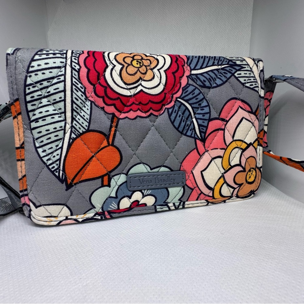 Vera Bradley Gray Quilted Floral Crossbody with Pink & Orange Flowers
